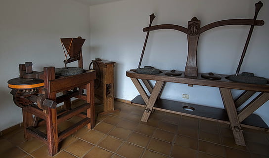 mill, flour, ancient, bread making, traditional, bakery, grain mill, wood - Material, indoors, domestic Room, seat, table, no people, chair, furniture, flooring, architecture, antique, history, home interior, lighting equipment, desk, wall - building feature, absence, living room, the past, tiled floor, electric lamp, 5K, CC0, public domain, royalty free
