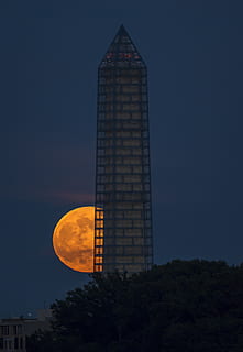 supermoon, pieno, perigeo, notte, monumento di Washington, raggiante, luminosa, luce, nuvole, Distretto della Colombia, dc, Stati Uniti d'America, America, struttura costruita, cielo, architettura, esterno dell'edificio, Torre, Inquadratura dal basso, nessuno, natura, alto - alto, costruzione, pianta, albero, edificio per uffici esterno, tramonto, grattacielo, città, moderno, all'aperto, ufficio, 2K, CC0, dominio pubblico, privo di copyright