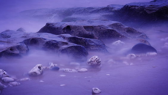 Fotografie, Muscheln, Seeufer, Bucht, Strand, Küste, Ozean, lila, Entspannen Sie Sich, Rock, Felsen, felsig, Sand, Meer, Stein, Steine, Wasser, Welle, Natur, Eis, Blau, Landschaft, kalte Temperatur, Rock - Objekt, szenen, Szenen - Natur, Schönheit in der Natur, Umgebung, solide, Nebel, Himmel, Land, Langzeitbelichtung, keine Leute, Ruhe, Berg, draußen, 1080P, CC0, gemeinfrei, lizenzfrei
