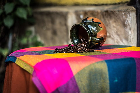table, setup, cloth, ceramic, cup, mug, coffee bean, colorful, plant, multi colored, close-up, day, focus on foreground, no people, variation, choice, outdoors, selective focus, striped, fashion, glass, textile, still life, glass - material, arts culture and entertainment, flag, 1080P, CC0, public domain, royalty free
