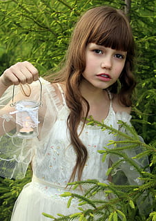girl, wearing, white, floral, spaghetti-strap tutu dress, holding, clear, glass candle lantern, beside, green, leaf plants, Candle, Forest, Spruce, Pine, Nature, spruce, pine, coniferous tree, white dress, bride, beauty, model, flame, christmas tree, flora, brown hair, drinking, contemplation, one person, leaf, people, real people, plant, girls, women, lifestyles, front view, child, green color, leisure activity, looking at camera, portrait, childhood, day, innocence, hairstyle, outdoors, bangs, beautiful woman, 1080P, CC0, public domain, royalty free