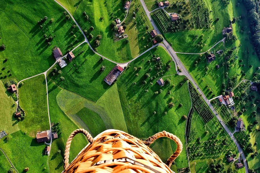 superior, vista, granja, verd, herba, aèria, arbres, planta, naturalesa, cases, poble, carretera, Camí, assolellat, dia, vista aèria, color verd, vista d’angle alt, creixement, terra, camp, bellesa a la natura, persones reals, a l'aire lliure, escenics - natura, gent, medi ambient, paisatge, aigua, escena tranquil·la, estils de vida, arbre, 4K