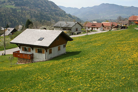 chalet, montagna, paesaggio, struttura costruita, architettura, esterno dell'edificio, costruzione, Casa, quartiere residenziale, terra, pianta, campo, erba, scena rurale, natura, colore verde, tetto, scenics - natura, nessuno, bellezza nella natura, agricoltura, all'aperto, 2K, CC0, dominio pubblico, privo di copyright