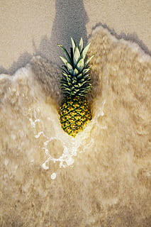 foto, pinya, Riba, oceà, onades, platja, sorra, tropical, escuma, fruita, groc, verd, dolç, tarta, àcid, estiu, fresc, naturalesa, vacances, relaxa't, suc, begudes, paradís, festa, saludable, frescor, a l'aire lliure, refresc, Costa, plantes, exòtic, vora del mar, gaudeix, oci, menjar, aliments, planta, dia, cap gent, llum solar, vista d’angle alt, creixement, color verd, terra, aigua, ombra, mar, primer pla, fruita tropical, bellesa a la natura, clima àrid, 5K, CC0, domini públic, lliure de regalies