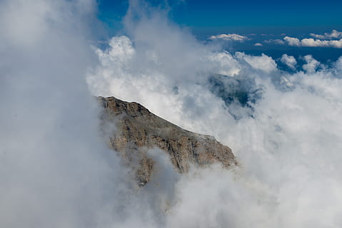 here, mountain, olympus, cloud - sky, sky, beauty in nature, scenics - nature, smoke - physical structure, nature, fog, no people, environment, tranquil scene, tranquility, day, non-urban scene, volcano, landscape, geology, outdoors, land, volcanic crater, mountain peak, 5K, CC0, public domain, royalty free