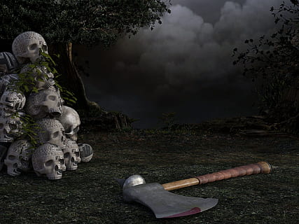brown, handled, axe, ground, beside, gray, human, skulls, skull, ax, tree, weird, scary, horror, creepy, gloomy, mystical, night, spooky, atmosphere, death, bone, fantasy, book cover, skull bone, skull and crossbones, dead, nightmare, human representation, plant, statue, sculpture, no people, representation, grave, nature, cemetery, male likeness, art and craft, tombstone, religion, stone, spirituality, outdoors, belief, dark, ominous, 1080P, CC0, public domain, royalty free
