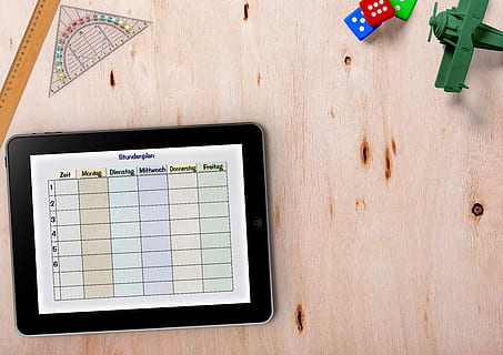 rectangular, black, android tablet computer, brown, surface, timetable, tablet, table, ruler, geodreieck, toys, cube, flyer, template, teaching, days of the week, school, students, teacher, 6 days a week, time management, scheduler, children, back to school, schulbeginn, first-graders, copy space, enter, leave, symbol, time, 6 hours of instruction, i dötzchen, paper, technology, digital tablet, indoors, directly above, wireless technology, wood - material, no people, connection, high angle view, close-up, portable information device, communication, business, portability, blank, still life, 4K, CC0, public domain, royalty free