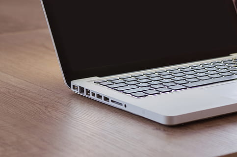 apple, laptop, macbook, computer, device, electronics, keyboard, technology, wireless technology, communication, connection, computer equipment, table, computer keyboard, close-up, indoors, no people, wood - material, portability, internet, copy space, computer network, business, single object, computer key, silver colored, chrome, 5K, CC0, public domain, royalty free