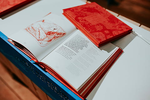 red, book, white, table, Red book, reading, literature, cookbook, indoors, day, no people, close-up, publication, still life, high angle view, education, communication, text, paper, learning, group of objects, selective focus, furniture, architecture, open, 5K, CC0, public domain, royalty free
