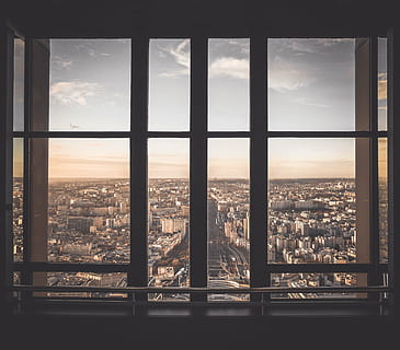 glass window, brown, frame, architecture, building, infrastructure, structure, establishment, apartment, windows, condominium, hotel, window, cityscape, city, sky, skyscraper, cloud - sky, indoors, sunset, built structure, building exterior, glass - material, transparent, nature, no people, outdoors, day, residential district, looking through window, window frame, office building exterior, 4K, CC0, public domain, royalty free
