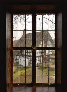 white, black, house, viewing, window, glass, frame, outside, raining, glass - Material, indoors, looking Through Window, architecture, transparent, built structure, tree, no people, plant, day, building, nature, reflection, grass, sky, security, entrance, window frame, 2K, CC0, public domain, royalty free