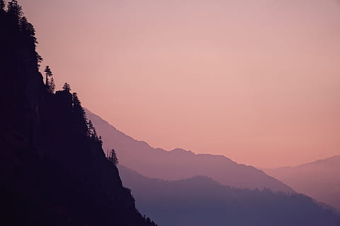 dawn, landscape, mountains, nature, altitude, clouds, environment, evening, fog, heaven, height, high, outdoor, purple, scenery, scenic, silhouette, sunset, trees, view, beauty in nature, mountain, scenics - nature, sky, mountain range, tranquility, tranquil scene, tree, plant, no people, idyllic, non-urban scene, outdoors, land, mountain peak, coniferous tree, 5K, CC0, public domain, royalty free