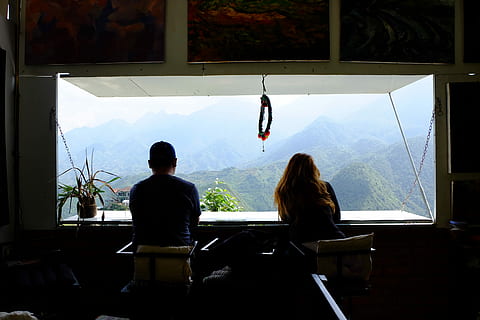 expedition, couple, looking, window, mountain, view, looking out, looking out window, nature, sitting, real people, rear view, women, transparent, indoors, table, lifestyles, adult, glass - material, seat, day, leisure activity, two people, people, men, restaurant, casual clothing, 4K, CC0, public domain, royalty free