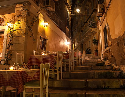 table, chairs, setup, restaurant, stair, light, wall, lamp, building, structure, seat, illuminated, chair, architecture, built structure, lighting equipment, no people, indoors, night, absence, staircase, business, empty, glowing, food and drink, steps and staircases, luxury, electric lamp, 2K, CC0, public domain, royalty free