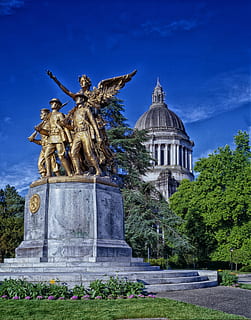 statua, monumento, statehouse, Capitol Building, Olimpia, Washington, hdr, al di fuori, architettura, alberi, prima guerra mondiale, arte e artigianato, scultura, rappresentazione, struttura costruita, rappresentazione umana, cielo, pianta, albero, natura, destinazioni di viaggio, esterno dell'edificio, creatività, religione, cupola, nessuno, somiglianza maschile, credenza, all'aperto, angelo, colonna architettonica, 1080P, CC0, dominio pubblico, privo di copyright
