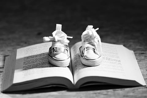 Shoes, Book, Miniature, reading, tiny, sneakers, no people, indoors, close-up, day, publication, open, education, still life, selective focus, paper, page, absence, table, focus on foreground, two objects, pair, learning, high angle view, shoe, studying, compatibility, 5K, CC0, public domain, royalty free