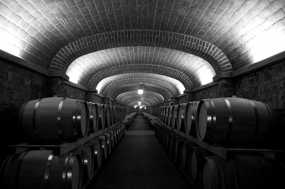 fotografia en escala de grisos, Celler, botti, sostre, llums, vi, blanc i negre, antic, Toscana, Itàlia, geometries, il·luminat, a l'interior, barril, arquitectura, gran grup d'objectes, en fila, alcohol, cilindre, equips d’il·luminació, beure, refresc, elaboració de vins, barrica de vi, magatzem, menjar i beguda, contenidor, cap gent, arc, perspectiva decreixent, 4K