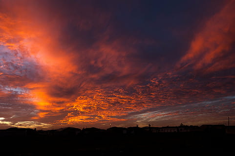 backlit, building, clouds, dark, dawn, dramatic, dusk, evening, houses, landscape, light, outdoors, silhouette, sun, sunset, travel, warm, cloud - sky, sky, dramatic sky, environment, beauty in nature, scenics - nature, orange color, nature, architecture, no people, cloudscape, city, awe, idyllic, cityscape, romantic sky, 2K, CC0, public domain, royalty free