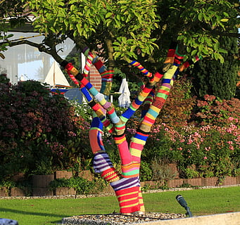 arbre, bûche, écorce, la laine, tricoté, coloré, ornement, décoration, Attire l'attention, plante, multi couleur, journée, la nature, croissance, Vrais gens, parc, parc - espace créé par l'homme, herbe, Activité de loisir, en plein air, pendaison, personnes, champ, fleur, structure construite, couleur verte, la créativité, 2K, CC0, domaine public, libre de droits