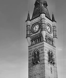 rellotge, torre, Darlington, arquitectura, Anglaterra, UK, blanc i negre, lloc famós, exterior de l'edifici, estructura construïda, cel, vista d’angle baix, edifici, cap gent, religió, espiritualitat, creença, història, el passat, destinacions de viatge, naturalesa, lloc de culte, dia, temps, Torre del Rellotge, fletxa, estil gòtic, 4K, CC0, domini públic, lliure de regalies