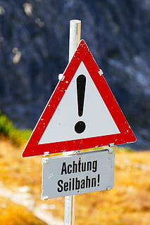 shield, warnschild, attention, warning, information boards, cable car, sign, communication, road, road sign, warning sign, focus on foreground, red, no people, close-up, guidance, triangle shape, information sign, information, shape, day, exclamation point, text, outdoors, nature, winter, road warning sign, 5K, CC0, public domain, royalty free