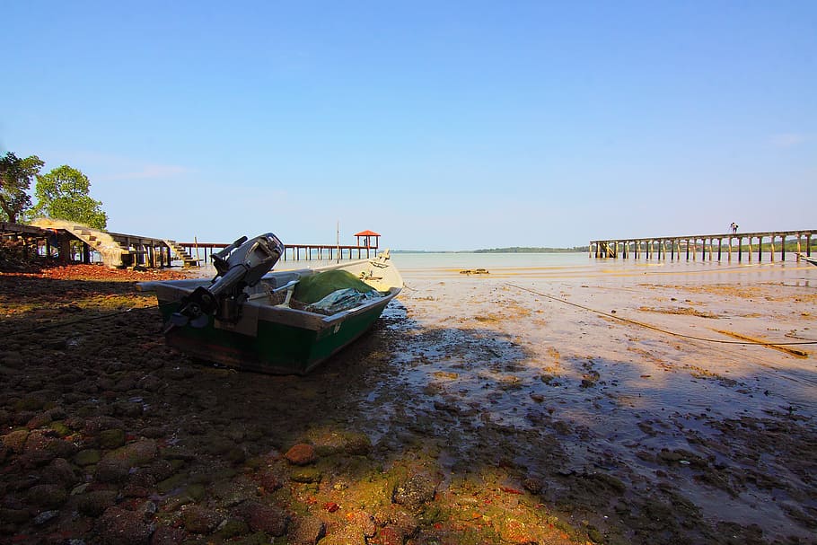 embarcadero, mar, paisaje, naturaleza, playa, bote, nubes, muelle, Oceano, al aire libre, arena, marina, costa, cielo, arboles, agua, transporte, modo de transporte, tierra, cielo limpio, día, copia espacio, abandonado, barco náutico, arquitectura, nadie, luz del sol, vehículo terrestre, marea baja, arruinado, 1080P