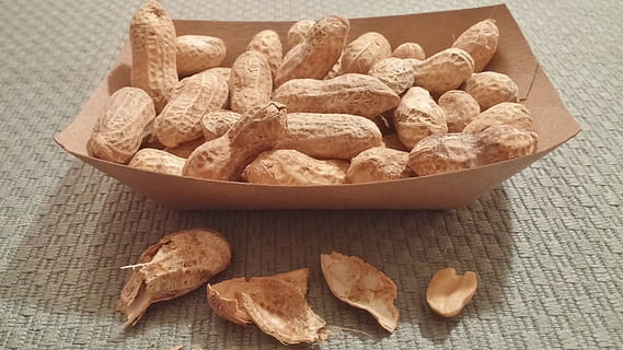 Peanuts, Nuts, Food, Nutshell, Nutrition, snack, indoors, food and drink, no people, close-up, large group of objects, freshness, wellbeing, still life, healthy eating, table, high angle view, brown, nut, wood - material, bowl, ready-to-eat, dried food, abundance, nut - food, temptation, 4K, CC0, public domain, royalty free