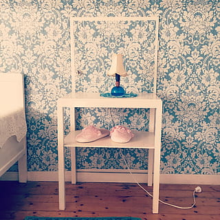 Wallpaper, Slippers, Bedside Table, bed, bedside lamp, lamp, pink, light blue, indoors, old-fashioned, pattern, retro styled, home interior, lighting equipment, seat, table, wall - building feature, electric lamp, no people, floral pattern, furniture, absence, creativity, design, domestic room, chair, frame, 1080P, CC0, public domain, royalty free