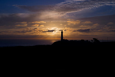 silhouette, lighthouse, sunset, dusk, sky, clouds, dark, night, evening, cloud - sky, orange color, dramatic sky, tranquil scene, nature, scenics, tranquility, tower, built structure, architecture, scenics - nature, building exterior, beauty in nature, guidance, building, no people, land, sea, outdoors, 5K, CC0, public domain, royalty free