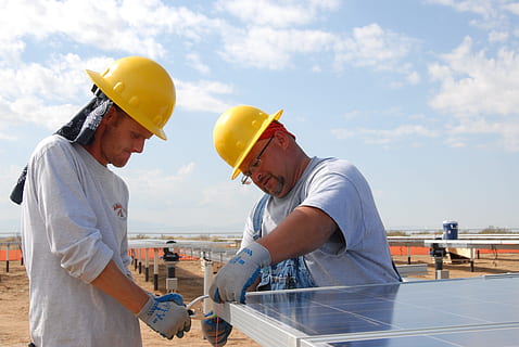 two, men, yellow, hard, hat helmets, installing, solar, panels, daytime, two man, construction sites, construction, workers, panel, site, industry, building, hardhat, labor, only men, two people, helmet, working, headwear, hat, sky, occupation, adult, males, holding, people, cooperation, construction industry, protection, safety, mature adult, mature men, teamwork, coworker, outdoors, 4K