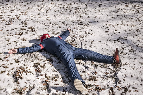 person, blue, overalls, lying, snow, daytime, in blue, people, lazy, angle, winter, fashion, play, fun, silly, retro, vintage, cold, outdoors, lying Down, one Person, nature, men, caucasian Ethnicity, adult, adults only, mid adult, sand, land, leisure activity, real people, day, relaxation, high angle view, lifestyles, beach, lying on back, casual clothing, full length, cold temperature, shoe, warm clothing, human limb, 4K