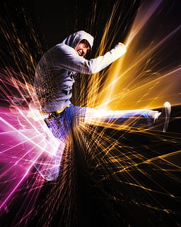 dancer, light, occur, fire, colors, evening, lighting, atmosphere, high light, art, heat, motion, dancing, break dancing, one person, illuminated, long exposure, blurred motion, glowing, adult, light trail, speed, men, technology, night, skill, indoors, communication, nature, abstract, sparks, digital composite, black background, 4K, CC0, public domain, royalty free