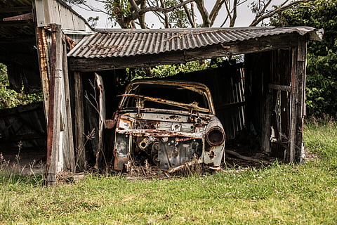 wrecked, vehicle, garage, daytime, things, items, car, old, decrepit, rust, broken, steel, parts, shack, roof, wood, nature, grass, abandoned, architecture, damaged, run-down, obsolete, built structure, deterioration, decline, plant, no people, weathered, day, tree, ruined, field, bad condition, land, outdoors, 5K, CC0, public domain, royalty free