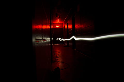 time lapse photography, corridor, untitled, One Way Out, red, dark, light trail, exit, sign, backgrounds, abstract, night, no people, illuminated, indoors, close-up, transportation, architecture, motion, lighting equipment, city, entrance, mode of transportation, light - natural phenomenon, standing, long exposure, 5K, CC0, public domain, royalty free