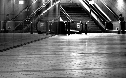 Metro Station, Escalator, Trainstation, mirroring, transportation, black And White, urban Scene, subway Station, travel, station, subway Train, blurred Motion, mode of Transport, city Life, indoors, illuminated, no people, night, public transportation, rail transportation, mode of transportation, train, railroad station platform, flooring, railroad station, train - vehicle, architecture, subway, lighting equipment, built structure, light, ceiling, architectural column, tiled floor, platform, 5K, CC0, public domain, royalty free
