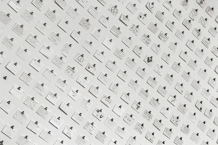 post-it, white, sticky, note lot, message, message wall, art, wall, note, peace, it, post, full frame, backgrounds, pattern, repetition, no people, number, close-up, in a row, indoors, text, built structure, communication, architecture, abundance, wall - building feature, abstract, design, white color, high angle view, 4K