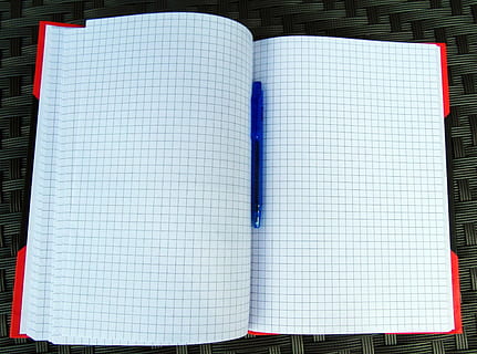 notebook, notes, open, paper, no people, white color, education, book, publication, pen, note pad, blue, page, indoors, close-up, blank, striped, directly above, writing instrument, red, still life, 2K, CC0, public domain, royalty free