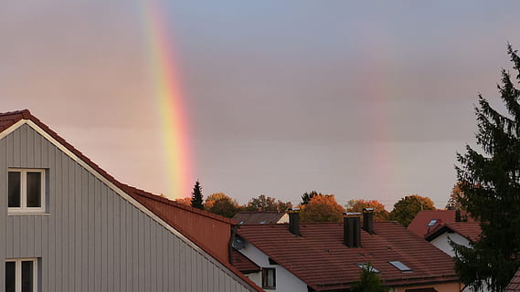 tęcza, widmo, drzewo, domy, zbudowana struktura, na zewnątrz budynku, na dworze, architektura, wielobarwne, dom, niebo, budynek, dach, chmura - niebo, Natura, piękno natury, roślina, żadnych ludzi, dzielnica mieszkaniowa, dzień, dachówka, podwójna tęcza, 4K, CC0, domena publiczna, darmowe zdjęcia