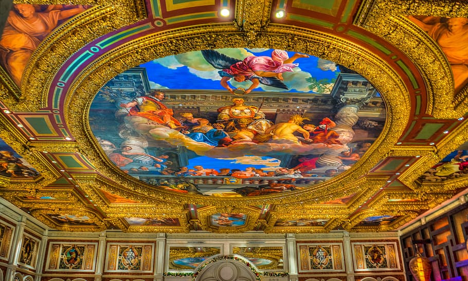 veneciana, sostre, michaelangelo artificial, arquitectura, edifici, interior, vista, disseny, decoració, color, detallat, casino, nevada, art i artesania, representació, representació humana, creença, estructura construïda, religió, a l'interior, mural, lloc de culte, espiritualitat, cap gent, artesania, escultura, destinacions de viatge, creativitat, estàtua, ornamentat, fresc, altar, 5K