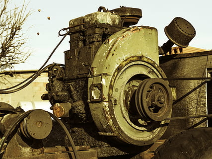 generator, old, engine, power, electricity, antique, engineering, transportation, mode of transportation, land vehicle, nature, day, metal, abandoned, obsolete, wheel, agricultural machinery, sky, no people, deterioration, decline, damaged, machinery, outdoors, run-down, tire, 4K, CC0, public domain, royalty free