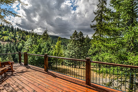 mountains, storm, clouds, deck, wood, log, rural, rustic, forest, weather, landscape, scenery, view, trees, pine, tree, plant, cloud - sky, railing, nature, beauty in nature, sky, wood - material, tranquility, growth, green color, land, non-urban scene, day, tranquil scene, scenics - nature, architecture, no people, outdoors, pine tree, coniferous tree, 2K, CC0, public domain, royalty free