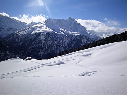 Schnee, Berg, Winter, Panorama, Landschaft, Berggipfel, Schneespuren, Gegenlicht, kalte Temperatur, Szenen - Natur, Schönheit in der Natur, Umgebung, Himmel, schneebedeckter Berg, wolke - himmel, Gebirge, Natur, ruhige Szene, Baum, weiße Farbe, keine Leute, Nicht-städtische Szene, Wald, Gipfel, Kiefer, draußen, Nadelbaum, immergrüner Baum, Kiefernwald, 2K, CC0, gemeinfrei, lizenzfrei