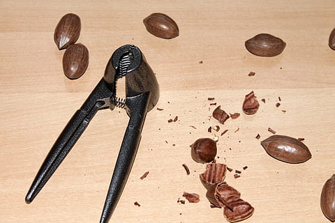 nutcracker, nuts, pecans, nutshell, wood - material, indoors, still life, table, no people, kitchen utensil, spoon, brown, high angle view, close-up, variation, eating utensil, choice, hand tool, tool, equipment, directly above, work tool, hammer, 1080P, CC0, public domain, royalty free