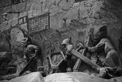 black and white, hell, ghost, history, architecture, the past, ancient, built structure, art and craft, travel destinations, tourism, sculpture, old ruin, craft, solid, ancient civilization, travel, day, no people, representation, archaeology, place of worship, rock, ancient history, 5K, CC0, public domain, royalty free