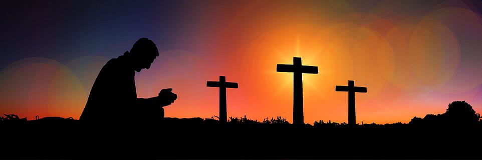 silhouette, man, praying, three, cross, background, sunset, humility, devotion, human, kneeling, knee, pray, prayer, faith, religion, church, symbol, clouds, sky, christ, crucifixion, still, engrossment, jesus christ, meditation, jesus, christianity, black, figure, belief, spirituality, tombstone, grave, people, back lit, orange color, cemetery, nature, respect, sadness, cross shape, forgiveness, 4K, CC0, public domain, royalty free