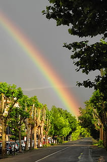 arc de Sant Martí, tempesta, sol, carrer, arbre, nit, a l'aire lliure, naturalesa, doble arc de Sant Martí, multicolor, corba, carretera, planta, bellesa a la natura, cel, dia, escenics - natura, ciutat, transport, cap gent, llum solar, arquitectura, idíl·lic, 4K, CC0, domini públic, lliure de regalies