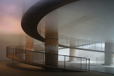 foggy, concrete, stairway, inside, building, daytime, architecture, infrastructure, interior, fog spiral, stair, built structure, no people, day, city, indoors, sky, building exterior, railing, fog, modern, nature, metal, outdoors, fence, boundary, barrier, reflection, office, office building exterior, skyscraper, steel, 4K, CC0, public domain, royalty free