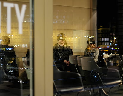 virtualis [un]reality, untitled, window, reflection, virtual reality, headset, chair, business, glass - material, night, illuminated, table, transparent, real people, restaurant, sitting, indoors, city, office, architecture, built structure, people, men, adult, glass, coworker, 4K, CC0, public domain, royalty free