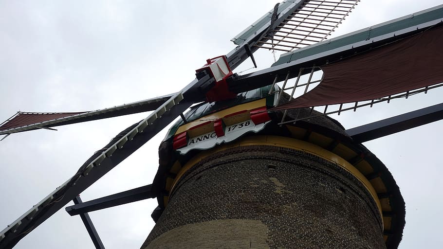 molí, molí de vent, metxes, fulles de molí, detall del molí, Holanda, Països Baixos, paisatge, paisatge holandès, kinderdijk, herència cultural, Segle XVIII, turisme, grondzeiler, edifici històric, Patrimoni de la Unesco, cel, vista d’angle baix, arquitectura, dia, núvol - cel, naturalesa, estructura construïda, bandera, cap gent, a l'aire lliure, esport, medi ambient, tecnologia, competició, seguretat, el passat, història, energia renovable, exterior de l'edifici, economia, 5K