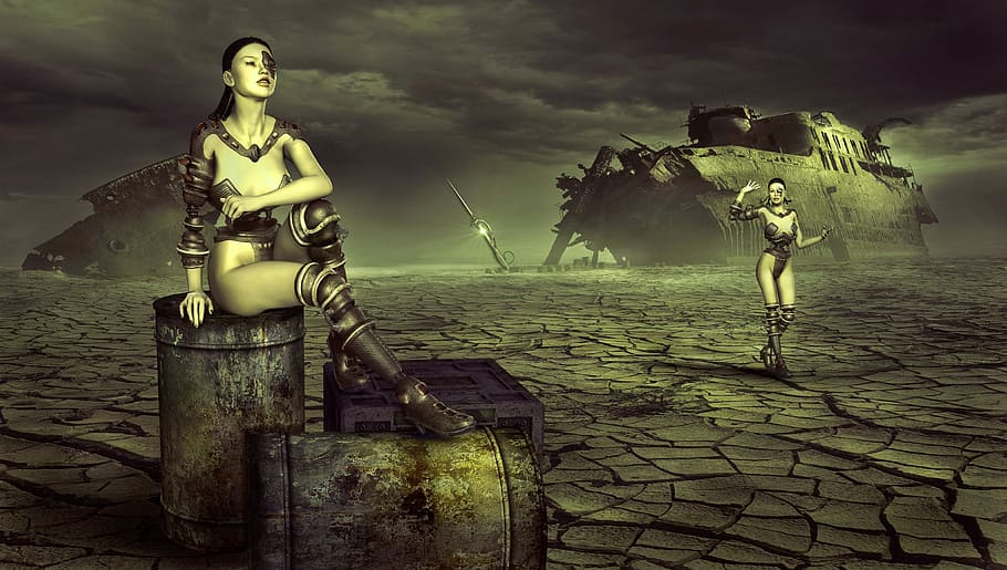 femella, Il·lustració de personatge d’anime, fantasia, endavant, fi del temps, destrucció, infestat, robot, android, futurista, ciència ficció, estrany, composició, trist, surrealista, por, malson, escena, atmosfera, sequera, humor, naufragis, sec, llocs perduts, rovellat, caduc, ferralla, trencat, medi ambient, desastre, fantasmal, horror, nit, soldat de l'exèrcit, a l'aire lliure, adult, representació humana, cel, naturalesa, semblança masculina, art i artesania, arquitectura, núvol - cel, representació, història, el passat, dones, roba, semblança femenina, longitud completa, emoció, edifici, arruïnat, 4K